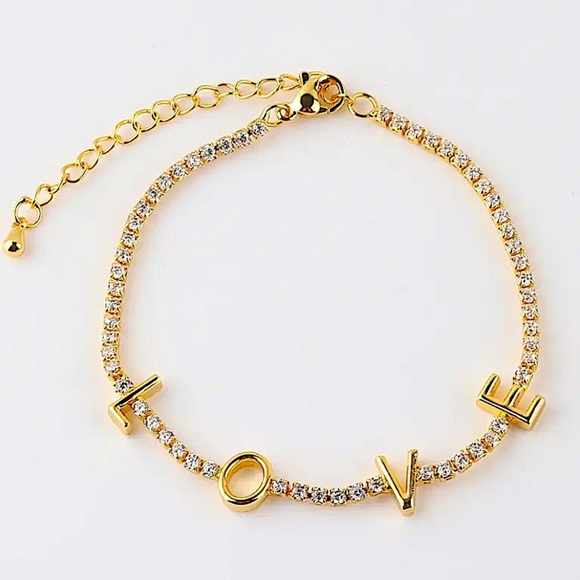 Gold Love Letter Cubic Zircon Pave Tennis Minimalist Bracelet - Picture 6 of 9